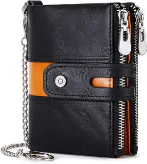 boshiho Real Leather RFID Blocking Bifold Wallets for Men Double Zipper Coin Pocket Purse with Anti-Theft Chain