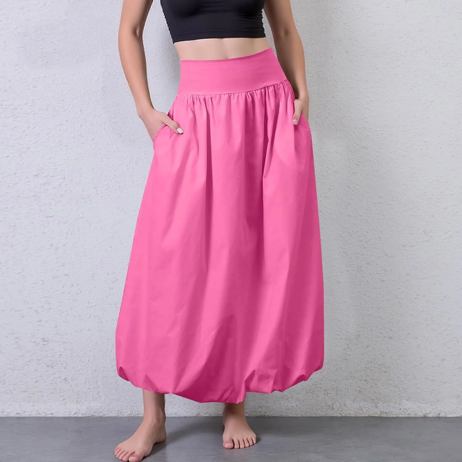 Bubble Midi Skirts for Women Trendy 2025 Summer Smocked Vacation Elastic Waist Flowy A Line Long Skirt with Pockets
