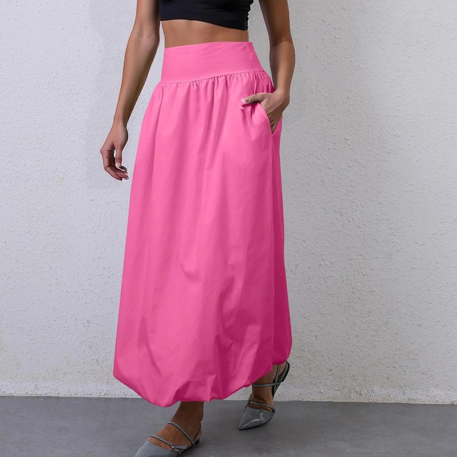 Bubble Midi Skirts for Women Trendy 2025 Summer Smocked Vacation Elastic Waist Flowy A Line Long Skirt with Pockets
