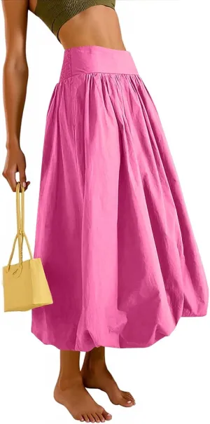 Bubble Midi Skirts for Women Trendy 2025 Summer Smocked Vacation Elastic Waist Flowy A Line Long Skirt with Pockets