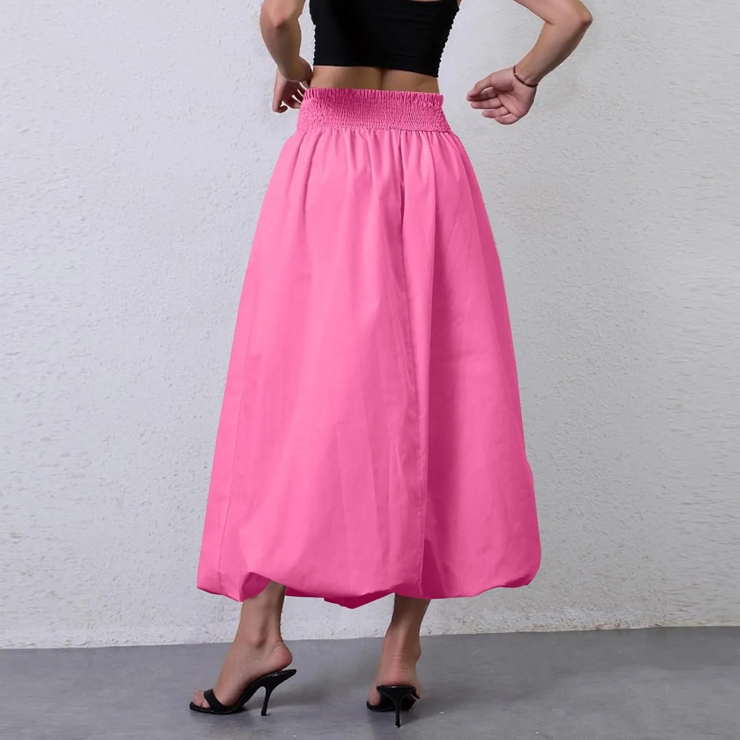 Bubble Midi Skirts for Women Trendy 2025 Summer Smocked Vacation Elastic Waist Flowy A Line Long Skirt with Pockets