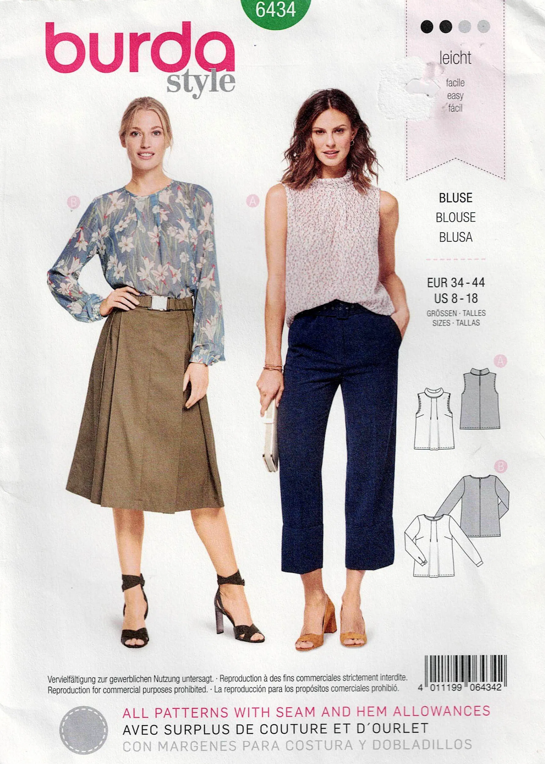 Burda 6434 Womens pPleated Pullover Tops Sewing Pattern Sizes 8 - 18 UNCUT Factory Folded