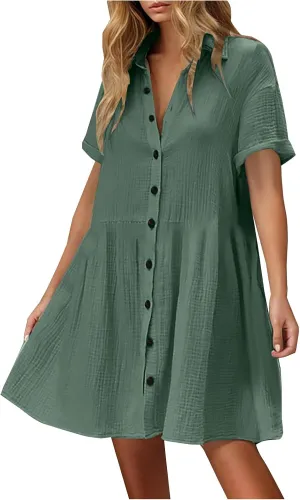 Button Down Babydoll Dress for Women Casual Summer Ruffle Mini Dresses 2025 Trendy Vacation Clothes Loose Sundress