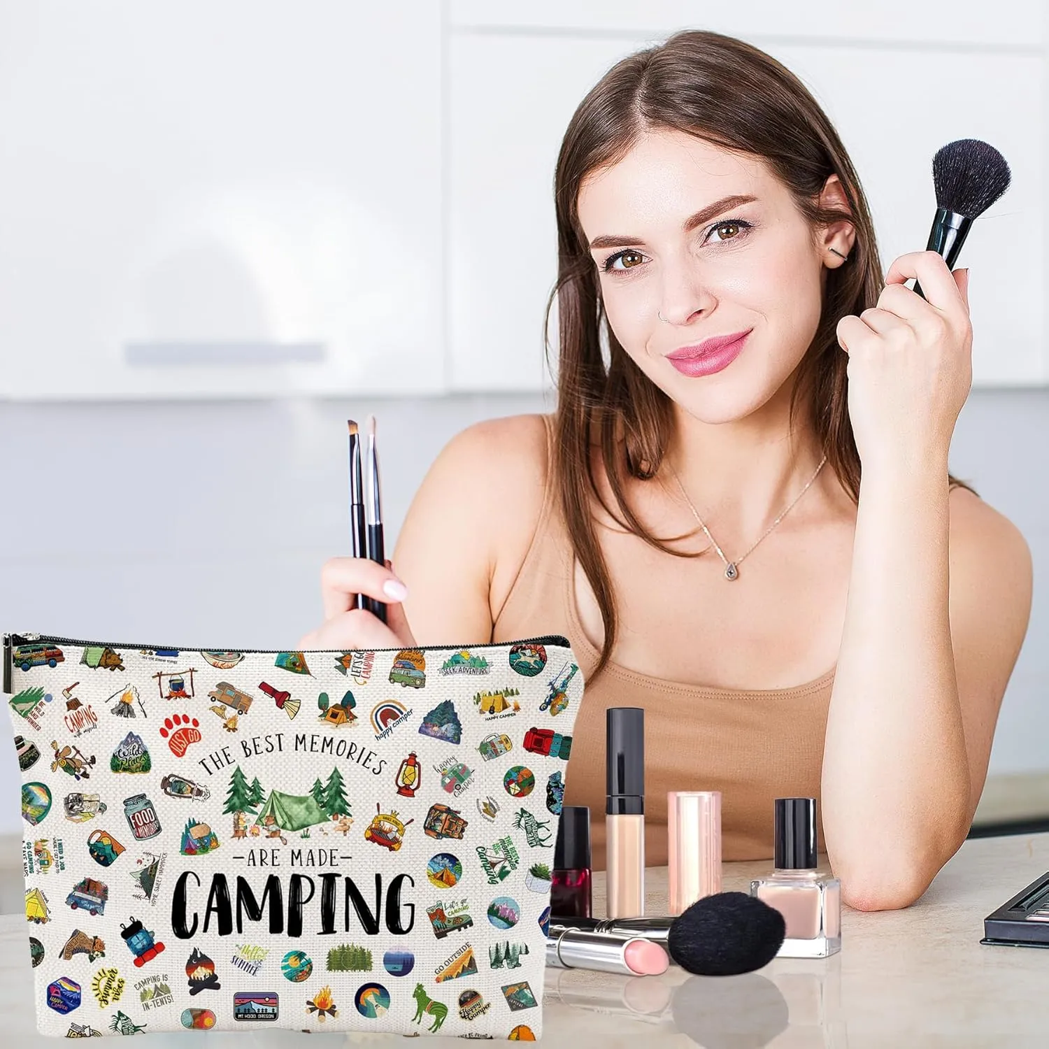 Camping Makeup Bag for Women, RV Owners, Sister, Bestie, Friend, BBF - Beige