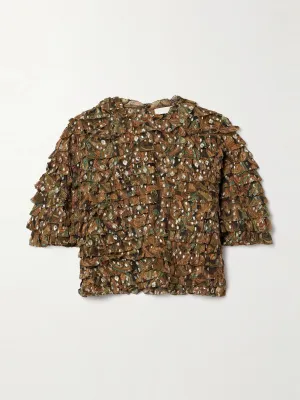 Carmella ruffled printed metallic fil coupé silk-blend crepon blouse