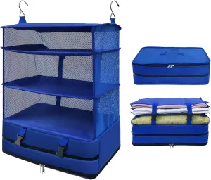 Caroeas Portable Hanging Travel Shelves Bag Suitcase Organizer Carry-on Closet Packing Cubes for Travel, 4-Shelf Suitcase Closet with 2 Hooks, X-Large Capacity, Blue