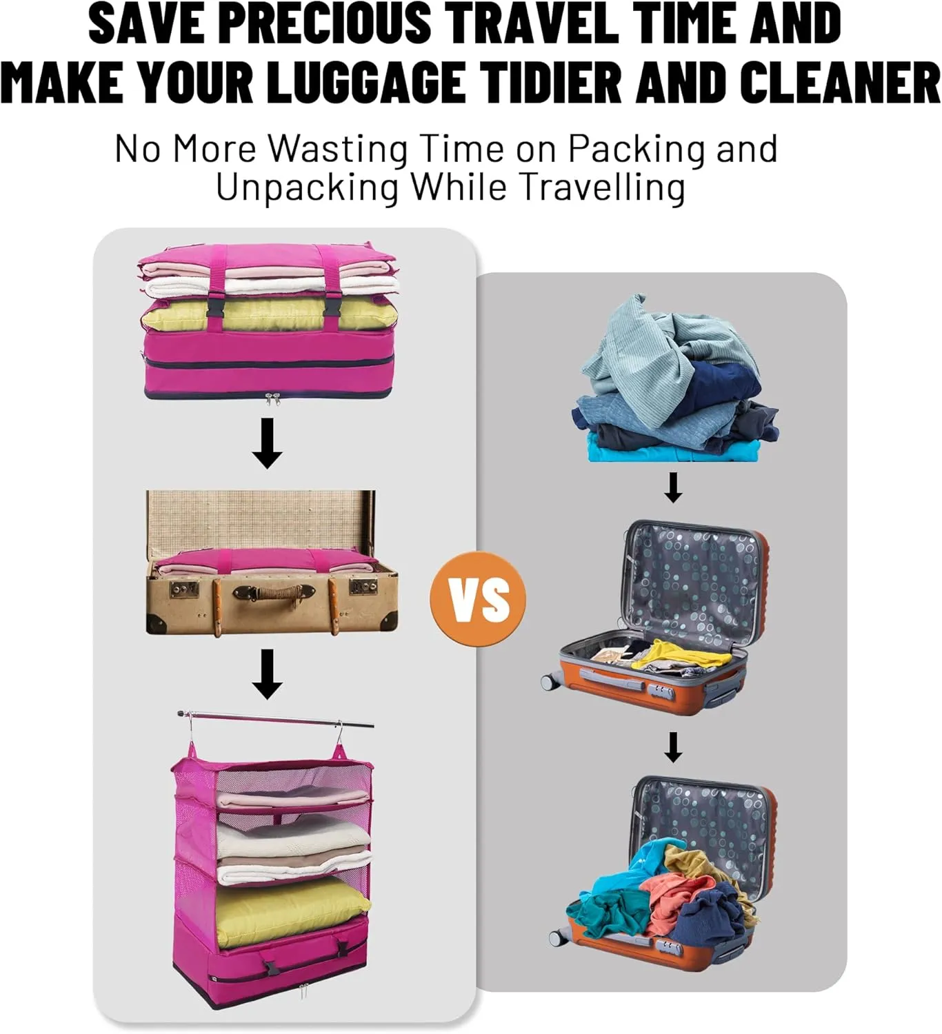Caroeas Portable Hanging Travel Shelves Bag Suitcase Organizer Carry-on Closet Packing Cubes for Travel, 4-Shelf Suitcase Closet with 2 Hooks, X-Large Capacity, Red