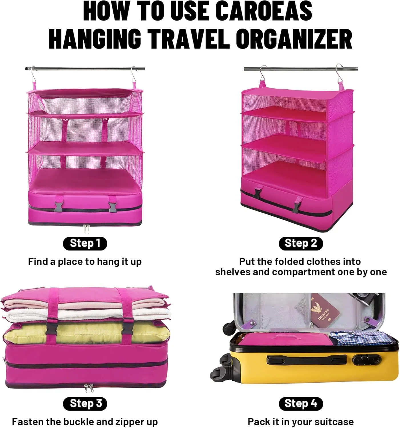 Caroeas Portable Hanging Travel Shelves Bag Suitcase Organizer Carry-on Closet Packing Cubes for Travel, 4-Shelf Suitcase Closet with 2 Hooks, X-Large Capacity, Red