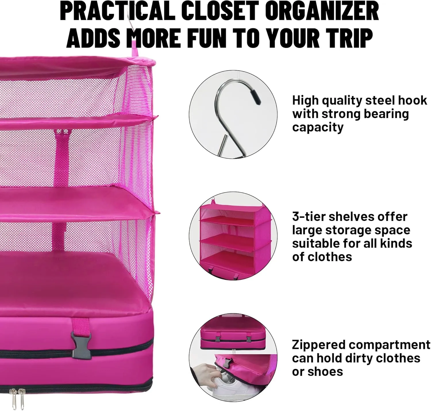 Caroeas Portable Hanging Travel Shelves Bag Suitcase Organizer Carry-on Closet Packing Cubes for Travel, 4-Shelf Suitcase Closet with 2 Hooks, X-Large Capacity, Red