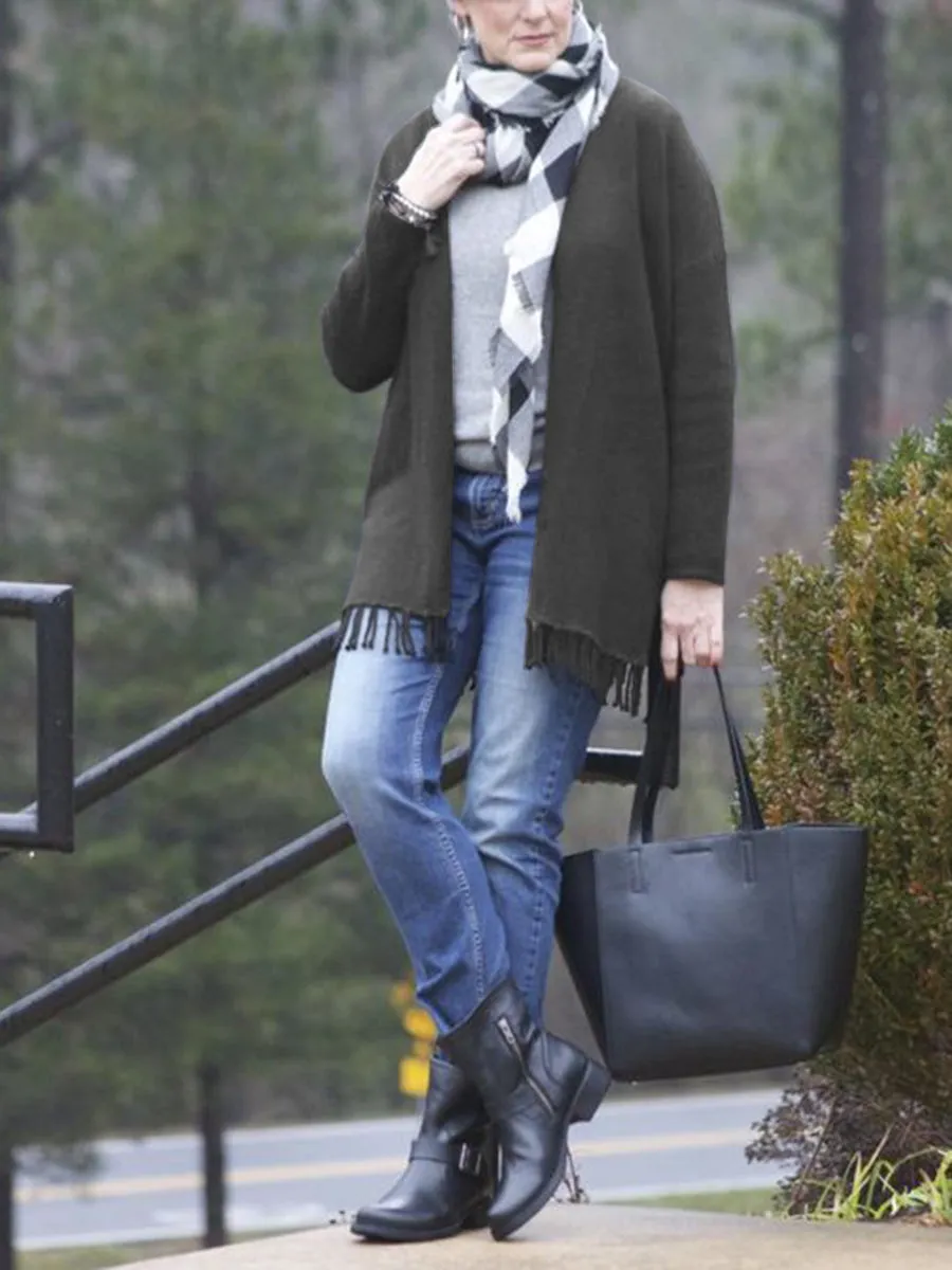 Casual Fringed Edge Collarless Knitted Cardigan