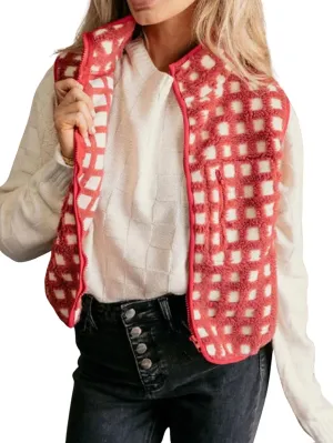 CHARTOU Cropped Checkered Fleece Vest Women Stand Collar Sleeveless Sherpa Jacket Fuzzy Zip Up Coat Fall
