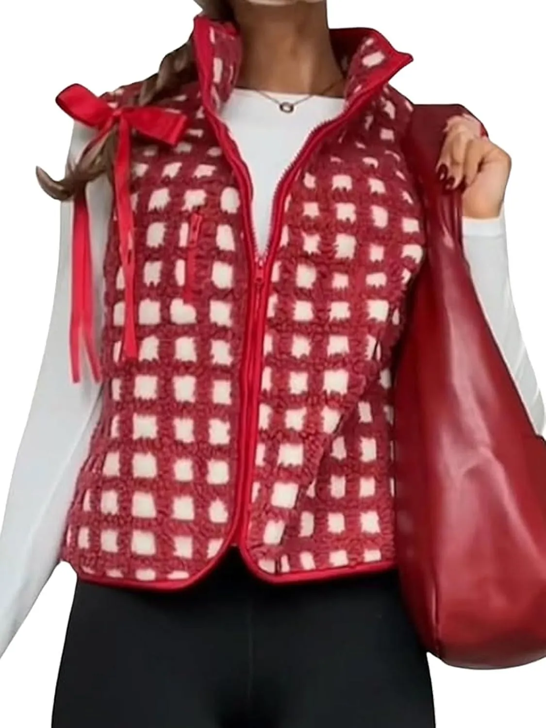 CHARTOU Cropped Checkered Fleece Vest Women Stand Collar Sleeveless Sherpa Jacket Fuzzy Zip Up Coat Fall