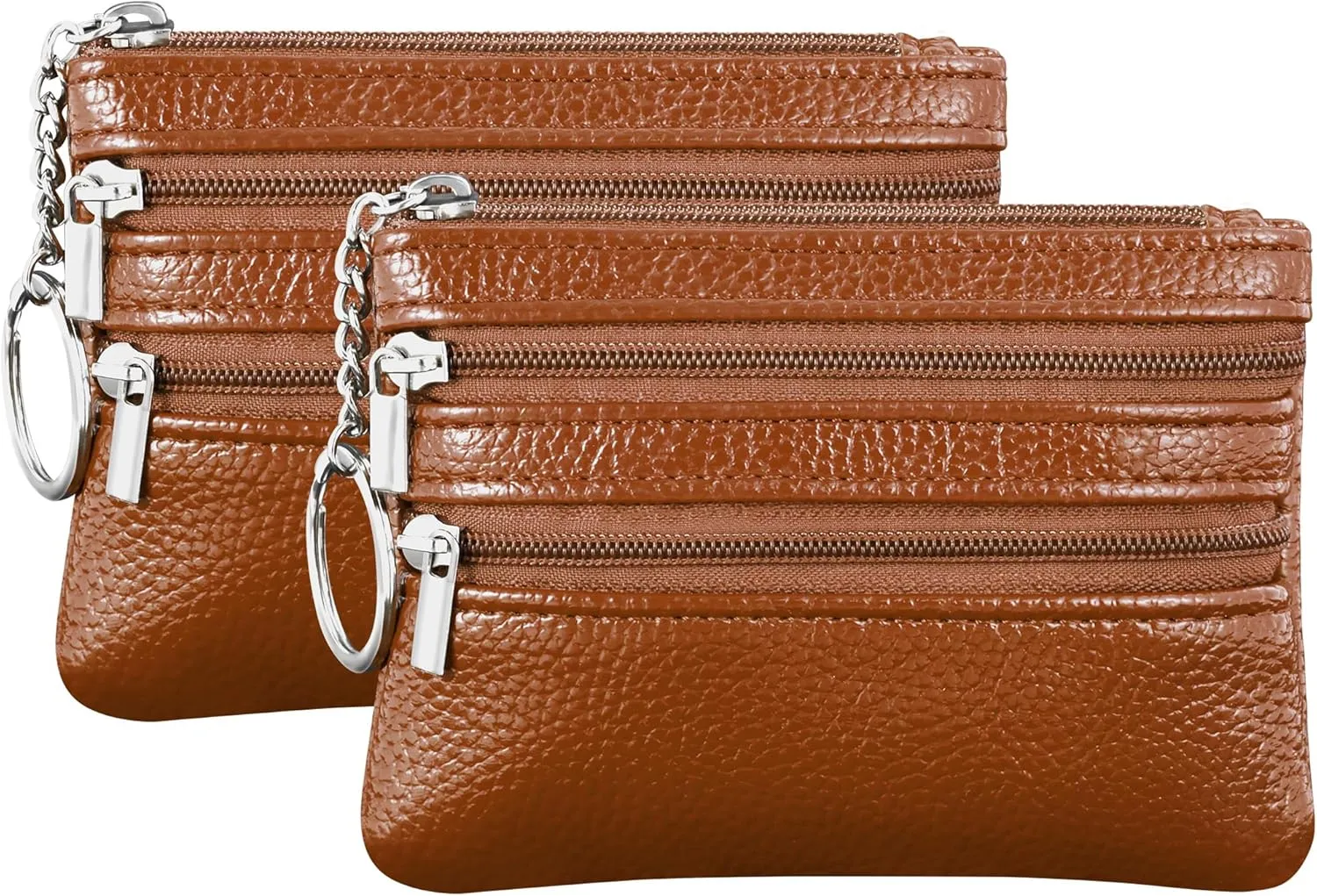 Chelmon 2 Pack Coin Purse Pouch Change Card Holder Wallet with Keychain for Women and Men (Brown & Brown)
