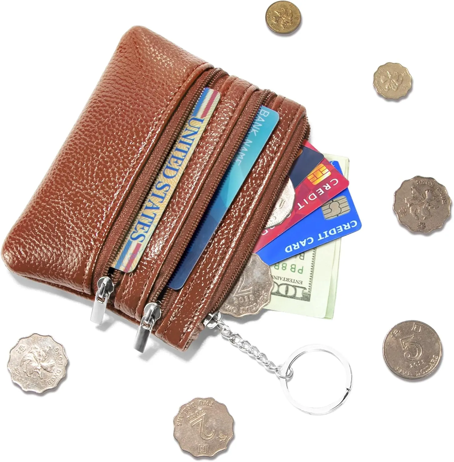Chelmon 2 Pack Coin Purse Pouch Change Card Holder Wallet with Keychain for Women and Men (Brown & Brown)