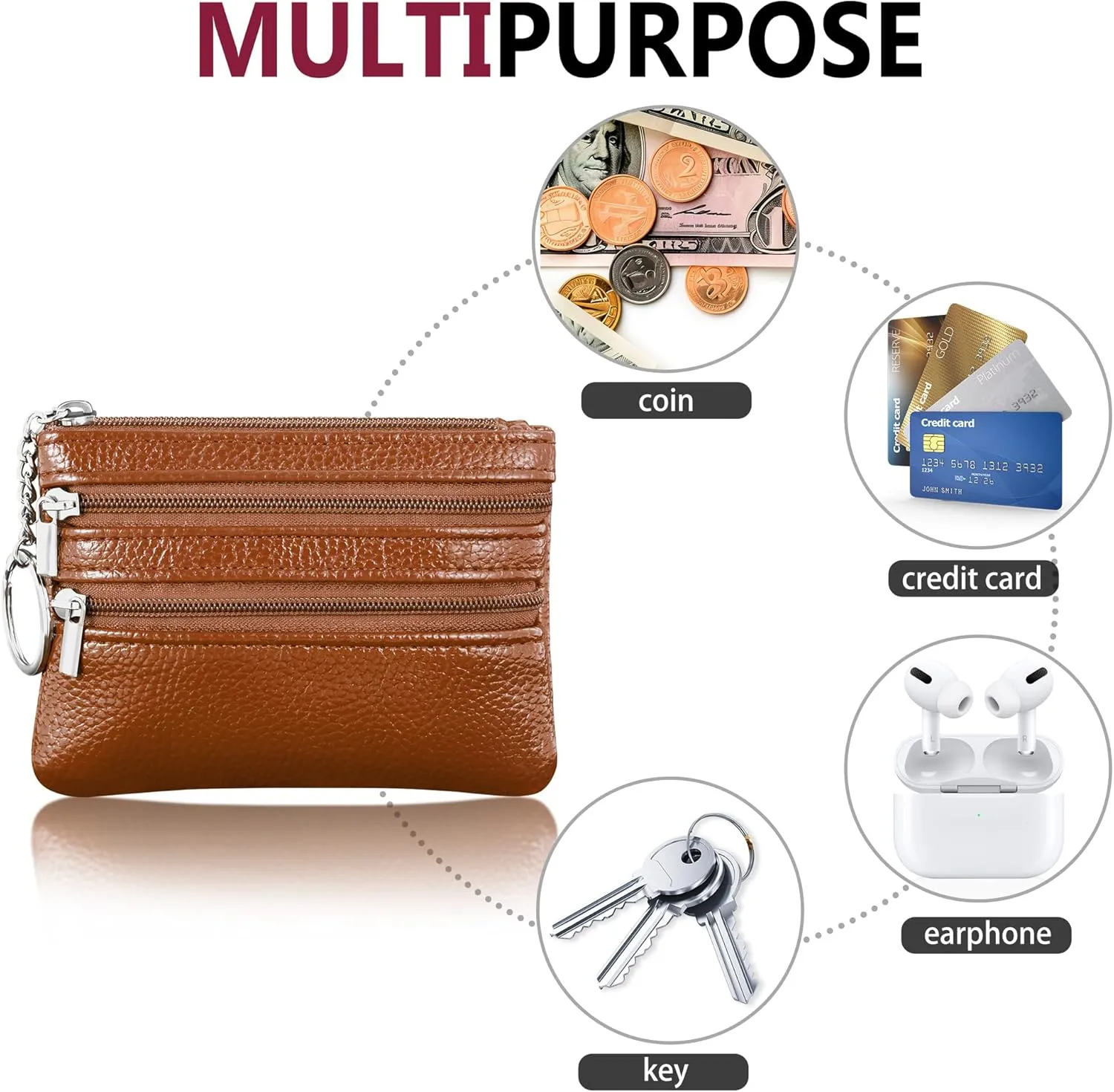 Chelmon 2 Pack Coin Purse Pouch Change Card Holder Wallet with Keychain for Women and Men (Brown & Brown)