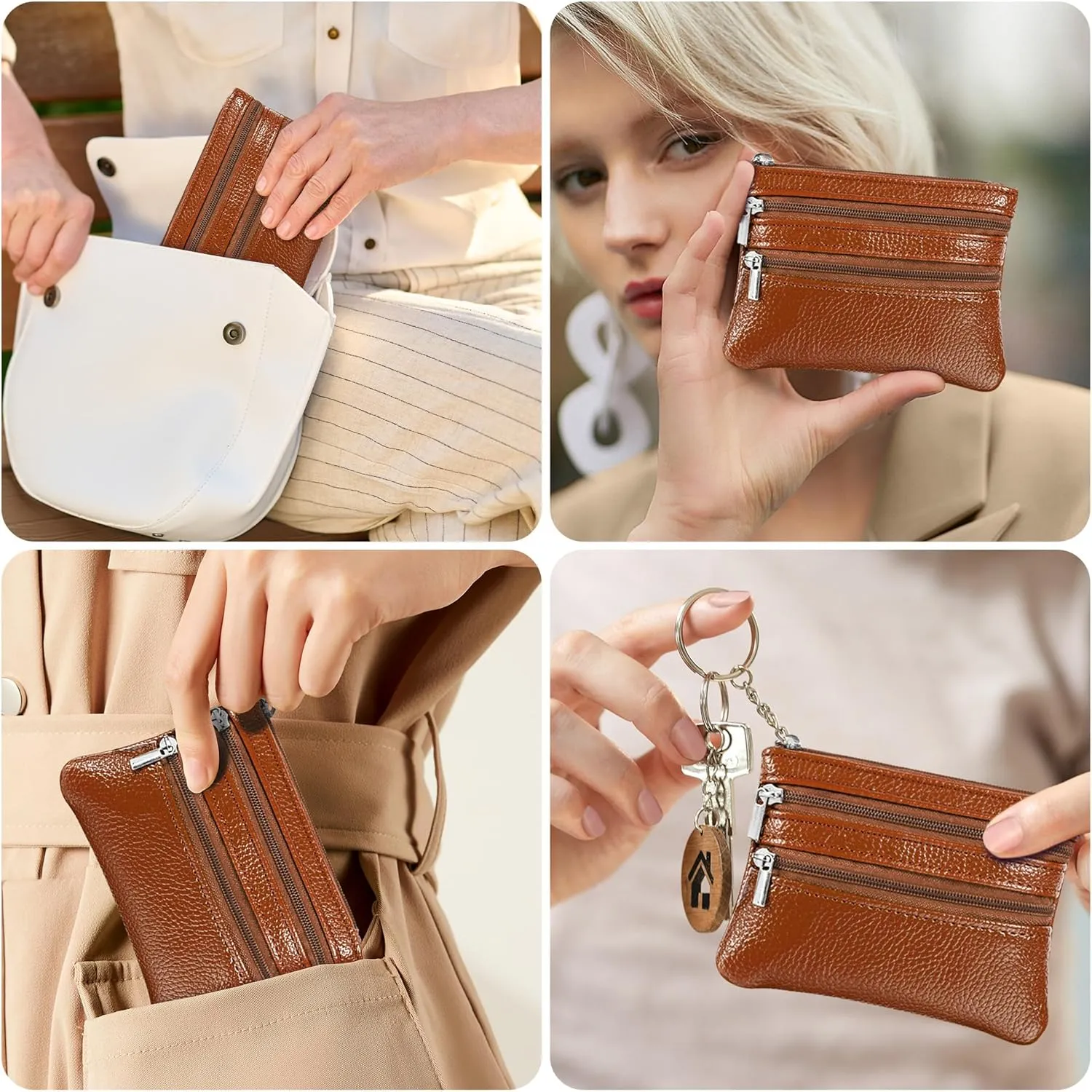 Chelmon 2 Pack Coin Purse Pouch Change Card Holder Wallet with Keychain for Women and Men (Brown & Brown)
