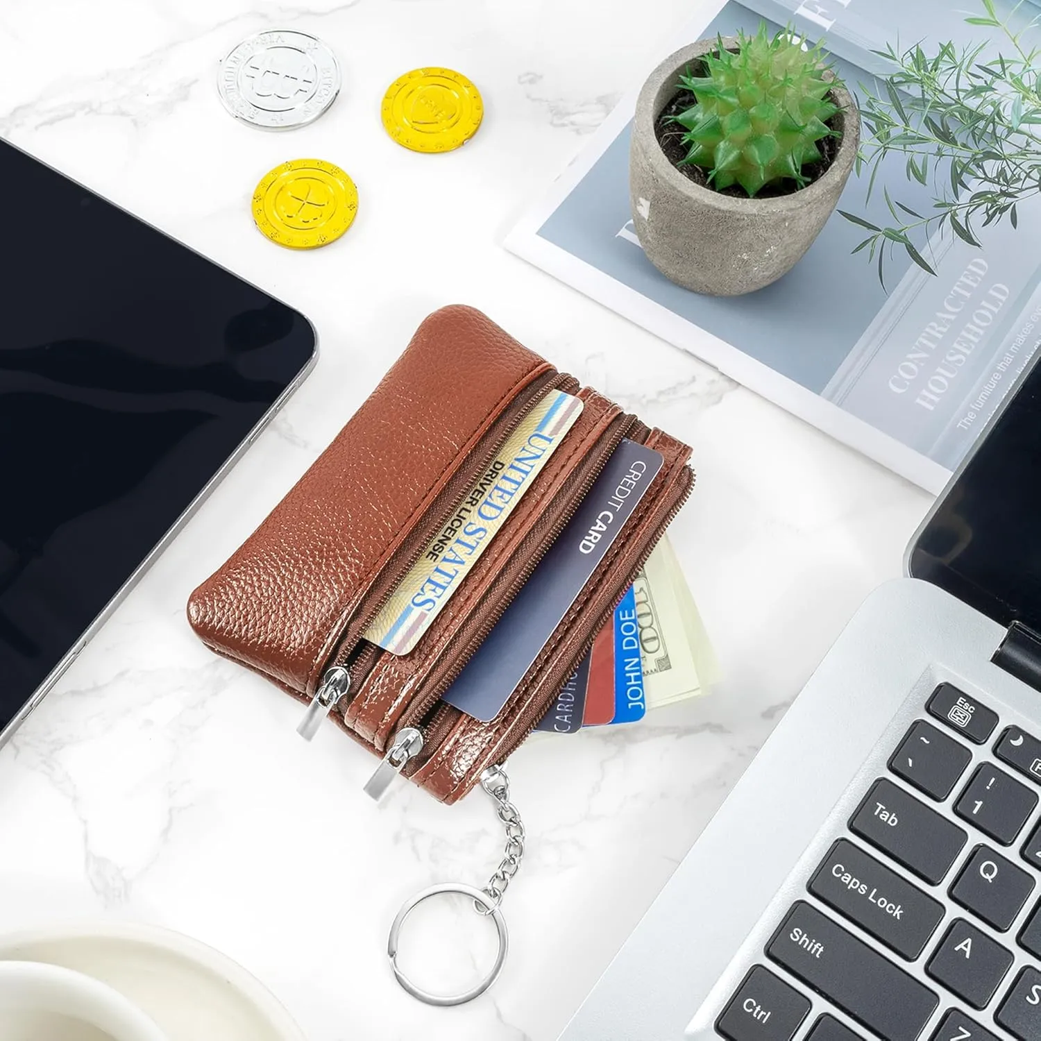 Chelmon 2 Pack Coin Purse Pouch Change Card Holder Wallet with Keychain for Women and Men (Brown & Brown)