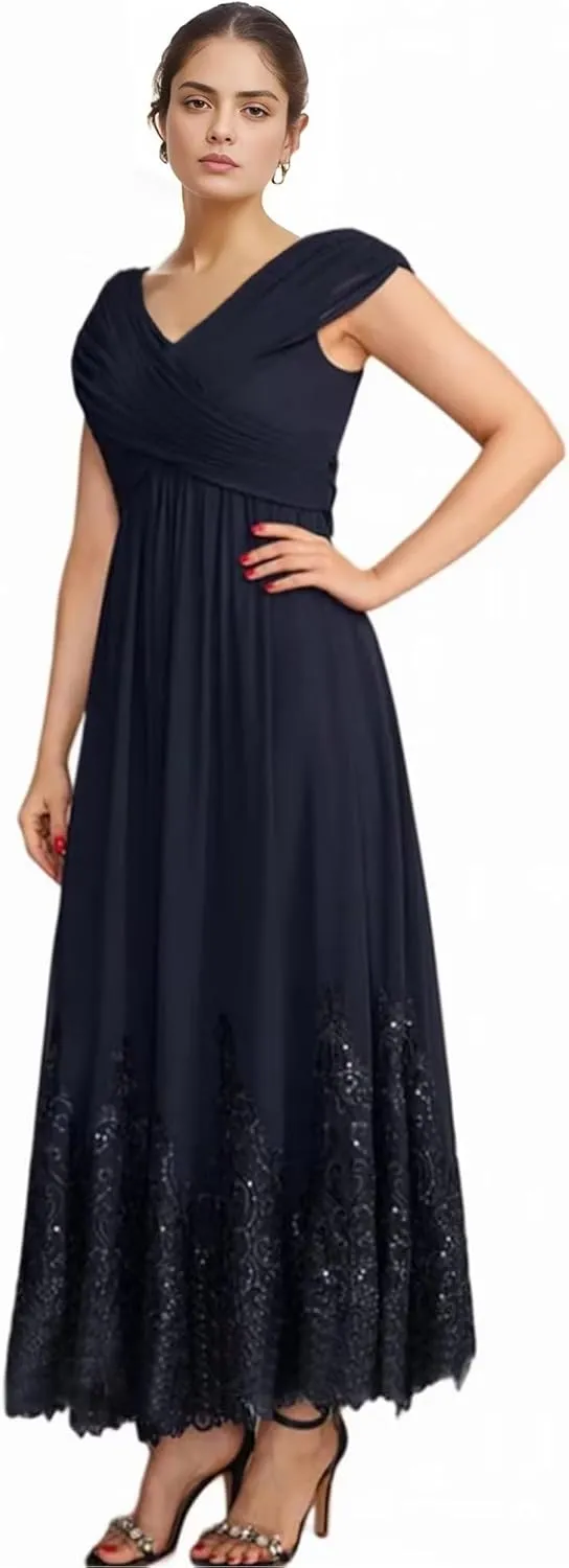 Chiffon Mother of The Bride Dresses for Wedding Long Pleated Formal Wedding Guest Dress with Sleeves