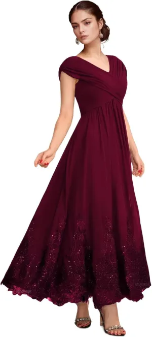 Chiffon Mother of The Bride Dresses for Wedding Long Pleated Formal Wedding Guest Dress with Sleeves