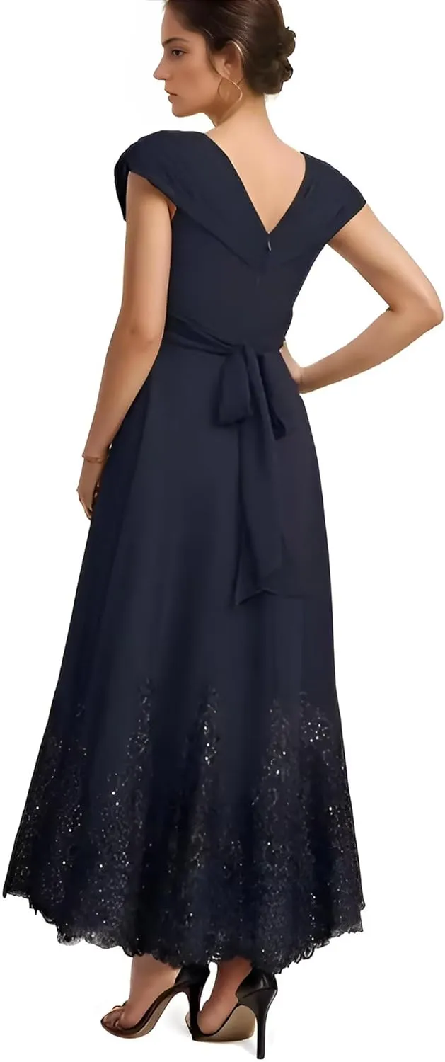 Chiffon Mother of The Bride Dresses for Wedding Long Pleated Formal Wedding Guest Dress with Sleeves