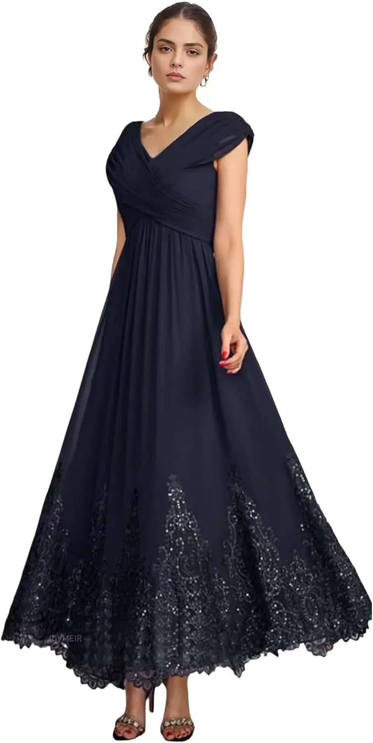 Chiffon Mother of The Bride Dresses for Wedding Long Pleated Formal Wedding Guest Dress with Sleeves