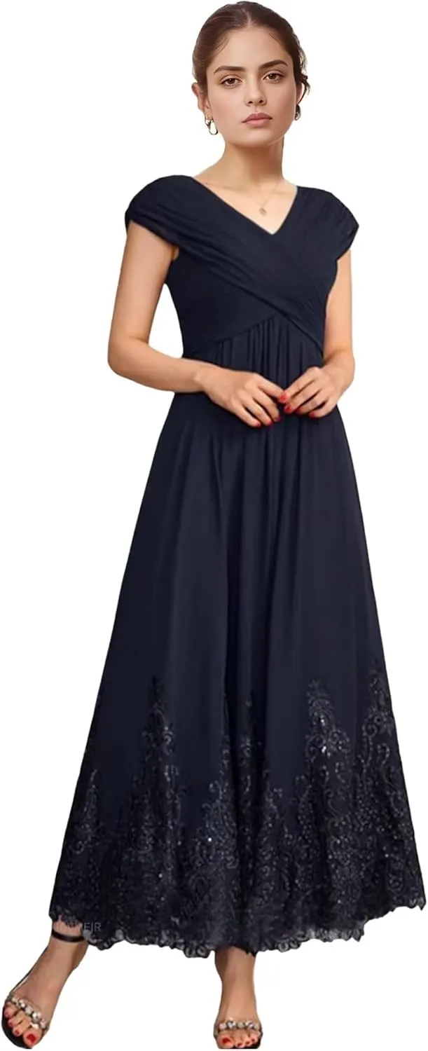Chiffon Mother of The Bride Dresses for Wedding Long Pleated Formal Wedding Guest Dress with Sleeves