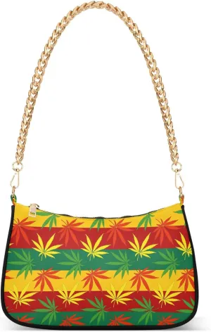 Colorful Marijuana Leaf Shoulder Handbags for Women Travel Hobo Tote Handbag Women Gold Chain Shoulder Bags Purse with Zipper Closure