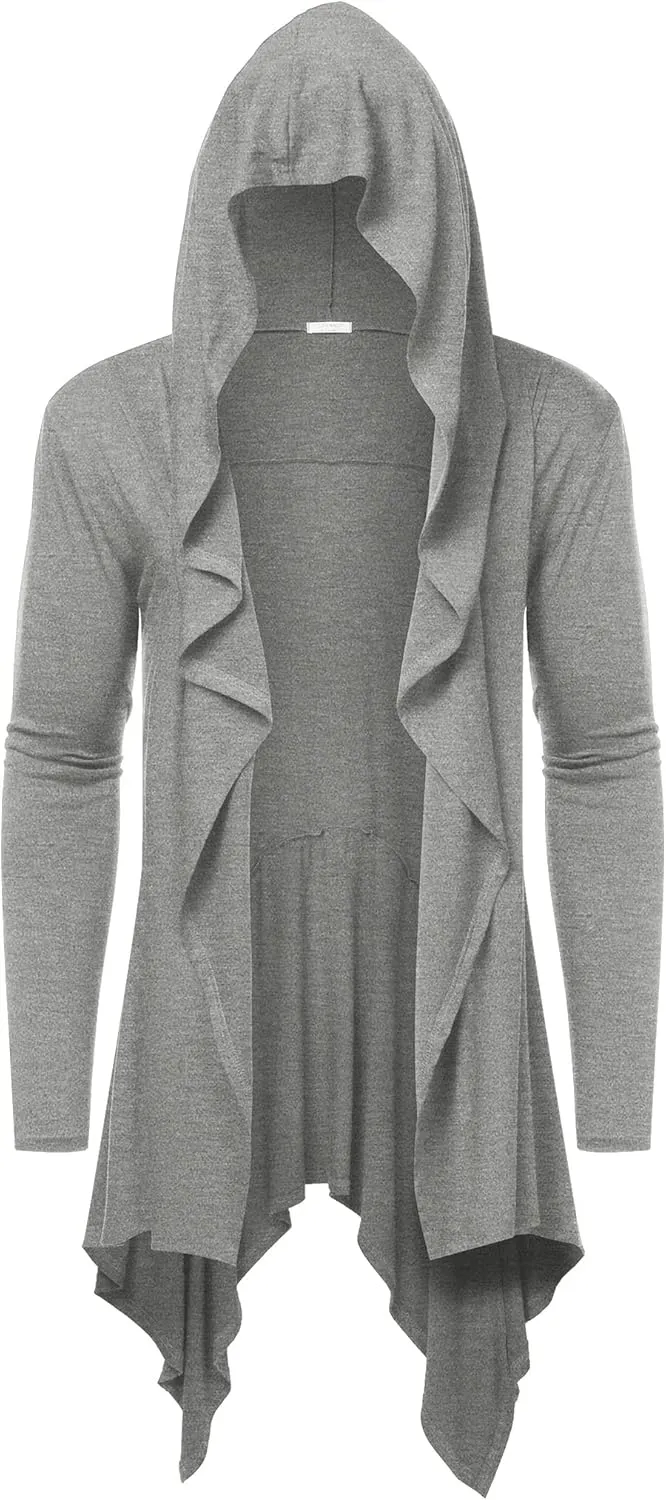 COOFANDY Long Hooded Cardigan Ruffle Shawl Collar Open Front Lightweight Drape Cape Overcoat with Pockets