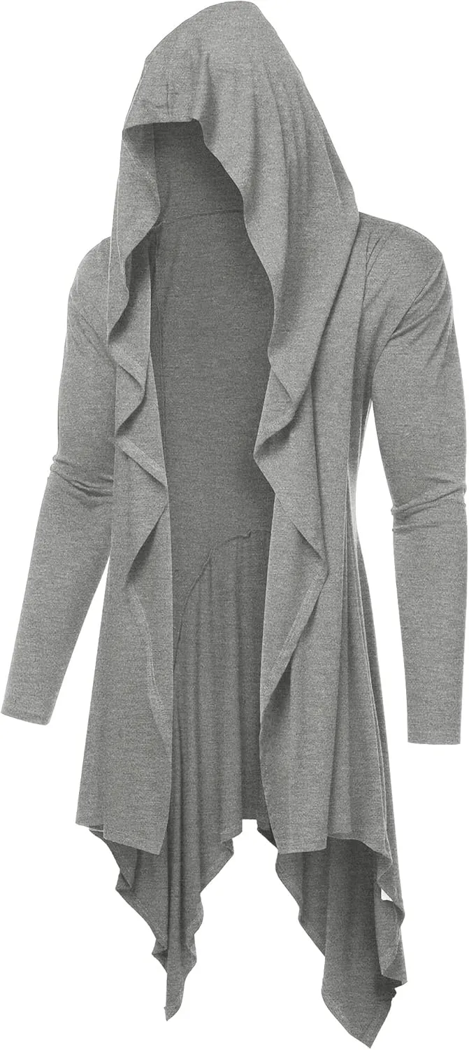 COOFANDY Long Hooded Cardigan Ruffle Shawl Collar Open Front Lightweight Drape Cape Overcoat with Pockets
