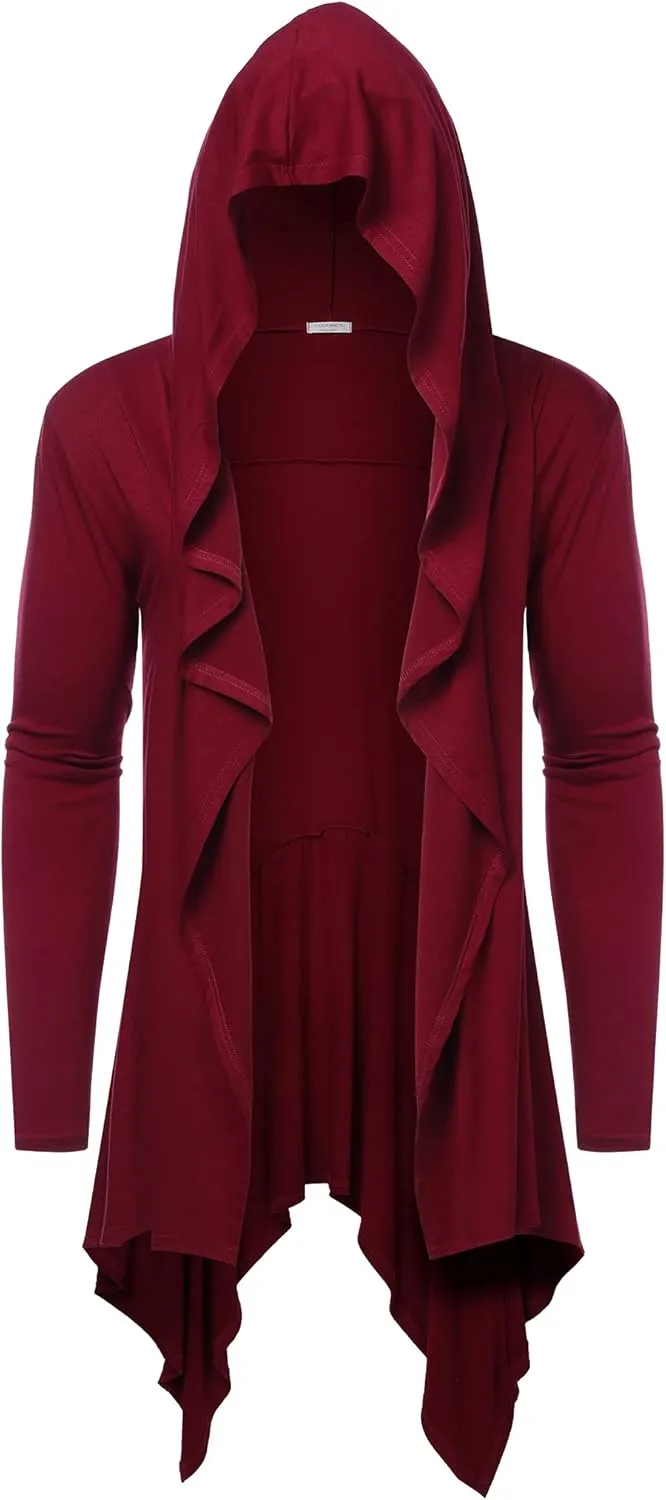 COOFANDY Long Hooded Cardigan Ruffle Shawl Collar Open Front Lightweight Drape Cape Overcoat with Pockets