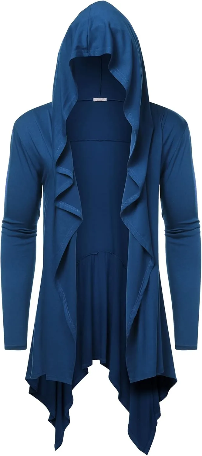 COOFANDY Long Hooded Cardigan Ruffle Shawl Collar Open Front Lightweight Drape Cape Overcoat with Pockets