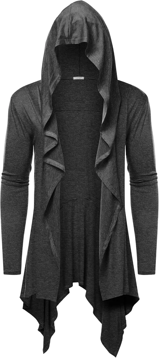 COOFANDY Long Hooded Cardigan Ruffle Shawl Collar Open Front Lightweight Drape Cape Overcoat with Pockets