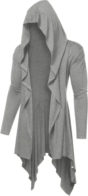 COOFANDY Long Hooded Cardigan Ruffle Shawl Collar Open Front Lightweight Drape Cape Overcoat with Pockets