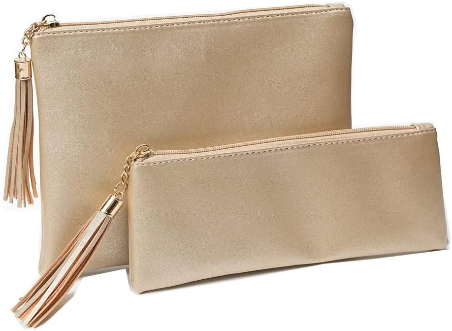 Cosmetic Bag for Purse Leather Zipper Makeup Pouch with Makeup Brush Bag Cute Makeup Bags for Women Travel (Metallic Golden)