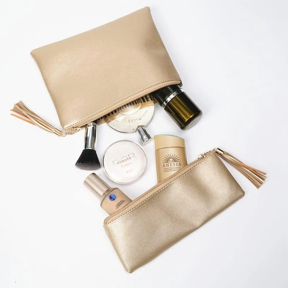 Cosmetic Bag for Purse Leather Zipper Makeup Pouch with Makeup Brush Bag Cute Makeup Bags for Women Travel (Metallic Golden)