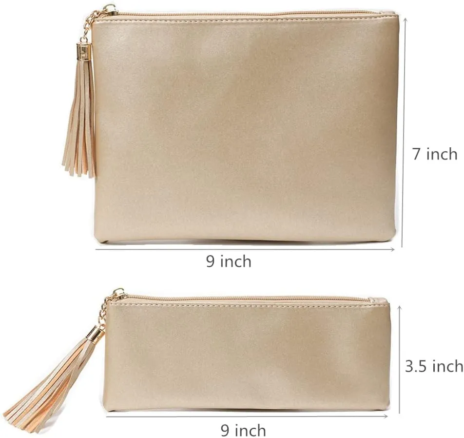 Cosmetic Bag for Purse Leather Zipper Makeup Pouch with Makeup Brush Bag Cute Makeup Bags for Women Travel (Metallic Golden)