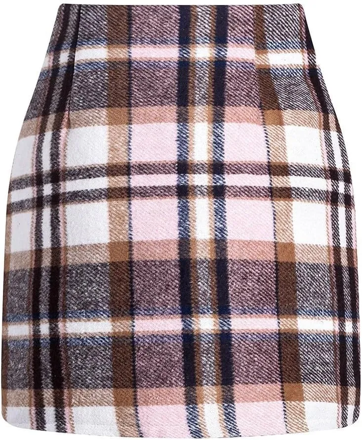 COTECRAM Plaid Mini Skirts for Women Trendy High Waisted Fall Winter Wool Bodycon Pencil Midi Skirts A-line