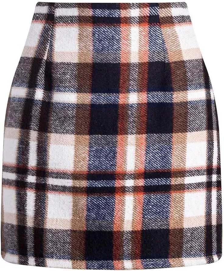 COTECRAM Plaid Mini Skirts for Women Trendy High Waisted Fall Winter Wool Bodycon Pencil Midi Skirts A-line