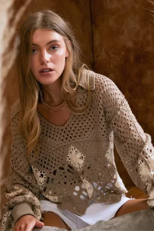 Crochet V Neck Long Sleeve Knit Sweater