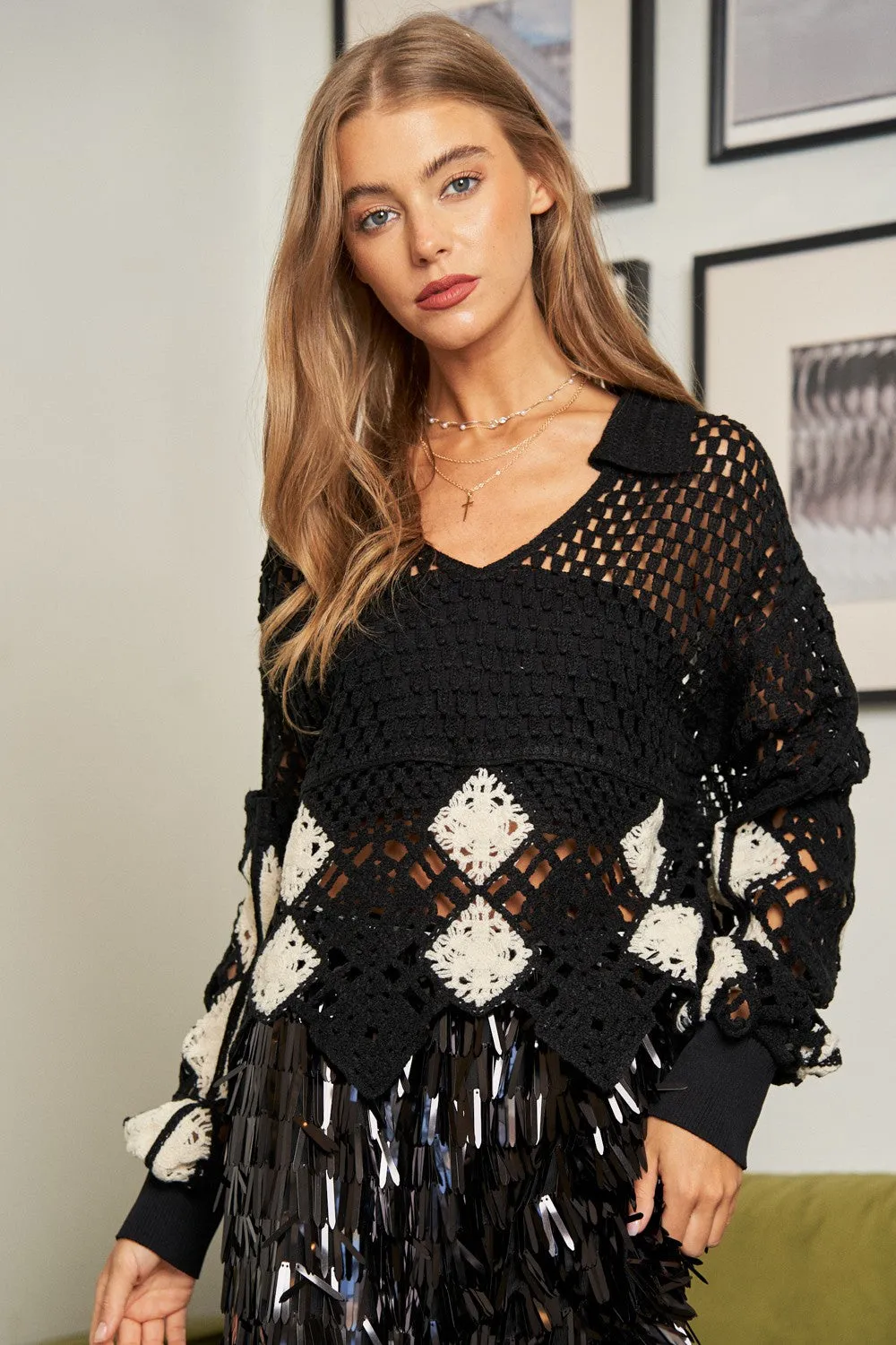 Crochet V Neck Long Sleeve Knit Sweater