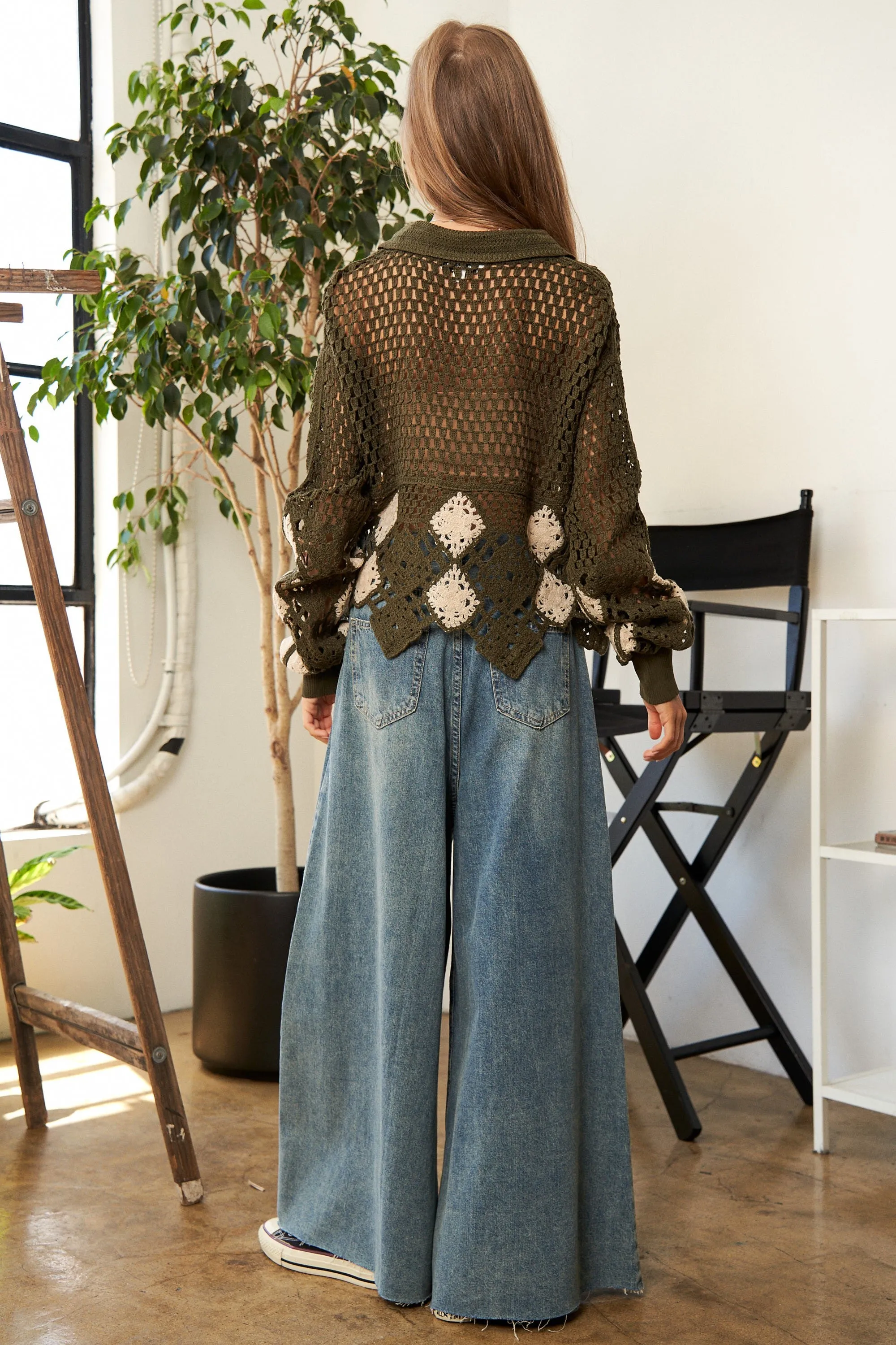 Crochet V Neck Long Sleeve Knit Sweater