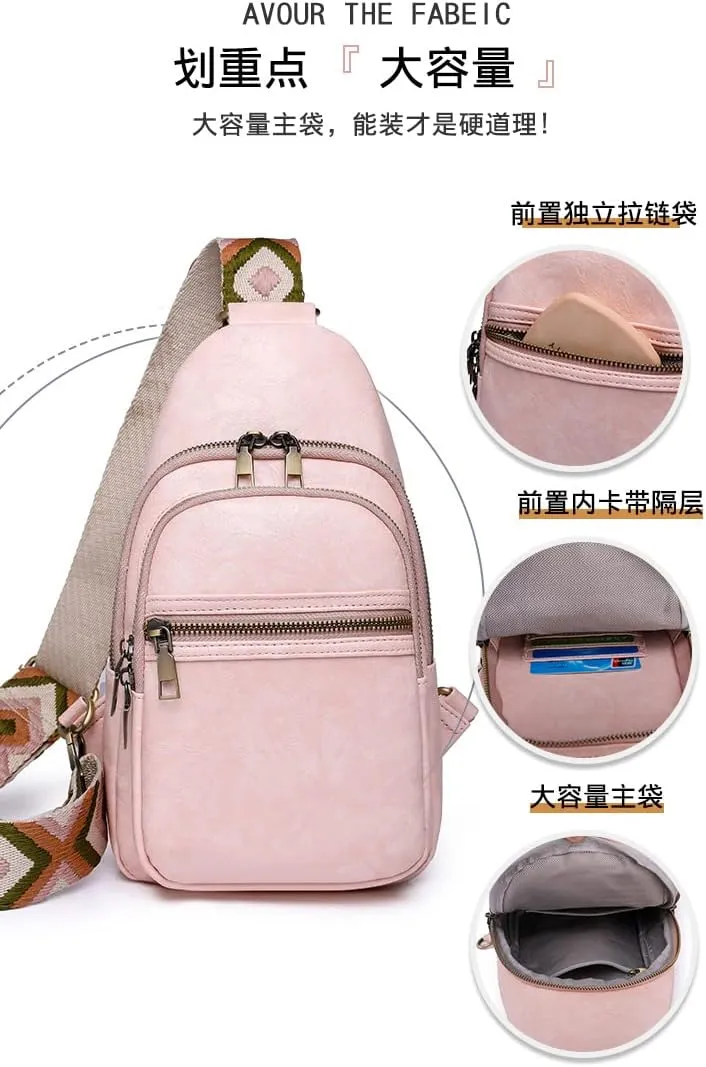 Crossbody Sling Bag Fanny Pack for Women Pu Leather Vintage Chest Bag Fashion Strap Zipper Sling Purse (Pink)