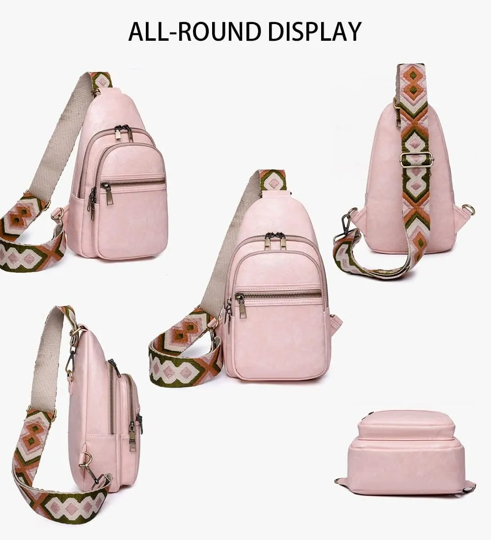Crossbody Sling Bag Fanny Pack for Women Pu Leather Vintage Chest Bag Fashion Strap Zipper Sling Purse (Pink)