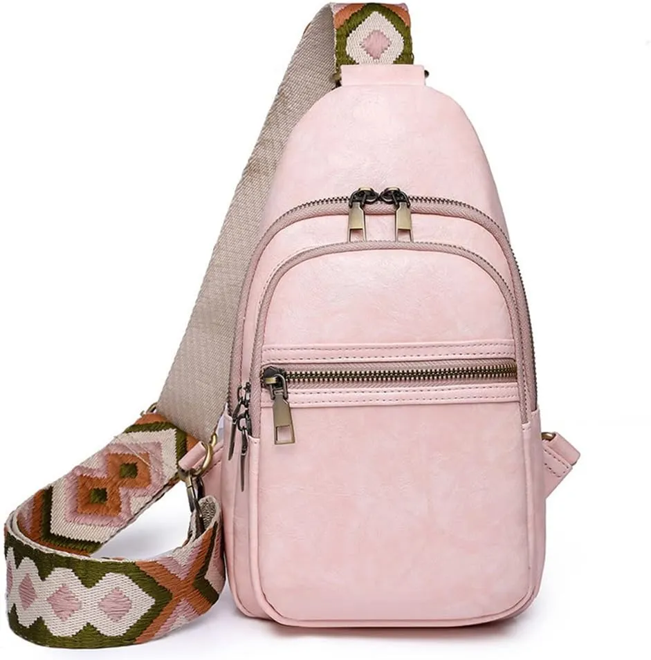 Crossbody Sling Bag Fanny Pack for Women Pu Leather Vintage Chest Bag Fashion Strap Zipper Sling Purse (Pink)