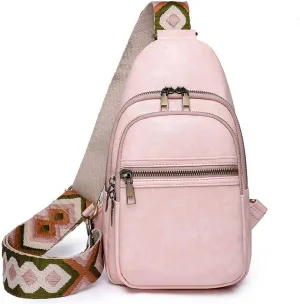 Crossbody Sling Bag Fanny Pack for Women Pu Leather Vintage Chest Bag Fashion Strap Zipper Sling Purse (Pink)