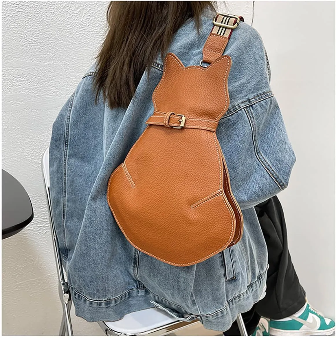 Cute Cat Bag PU Leather Sling - Solid Color Satchel Purse and Shoulder Bag for Women, Funny Fashion (Brick)