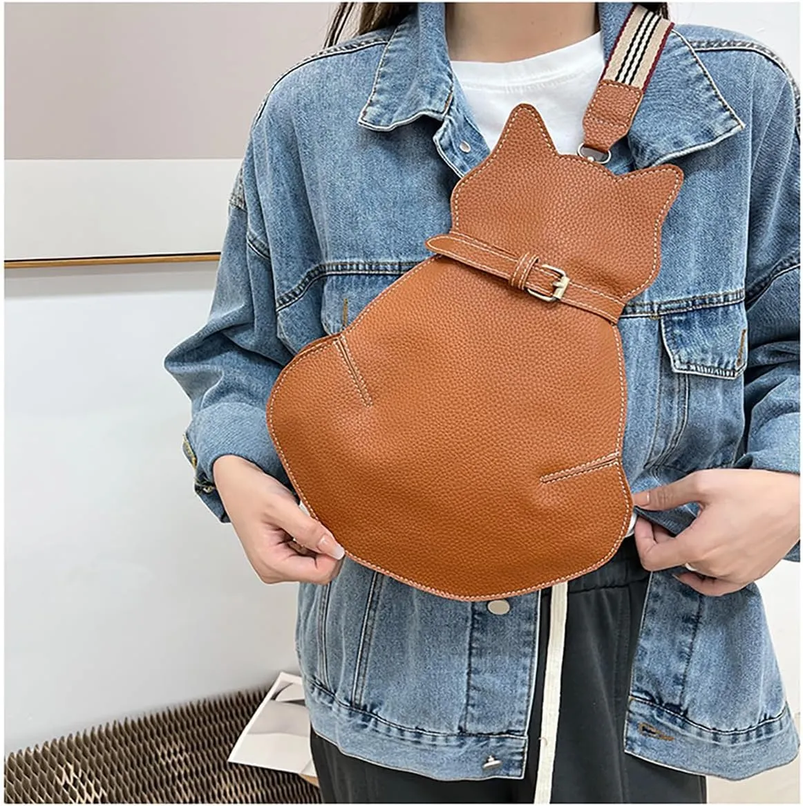 Cute Cat Bag PU Leather Sling - Solid Color Satchel Purse and Shoulder Bag for Women, Funny Fashion (Brick)
