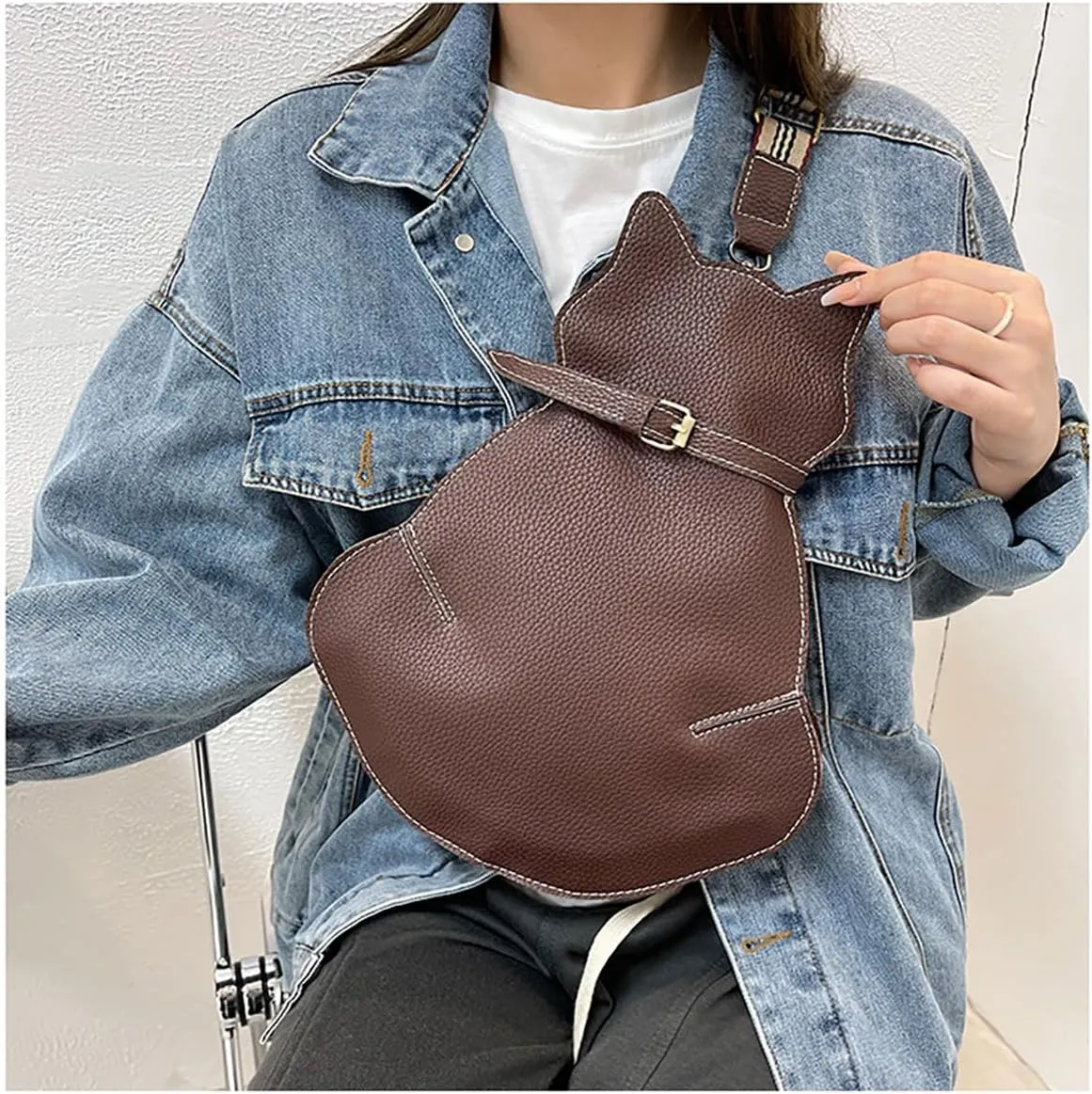 Cute Cat Bag PU Leather Sling - Solid Color Satchel Purse and Shoulder Bag for Women, Funny Fashion (Brown)