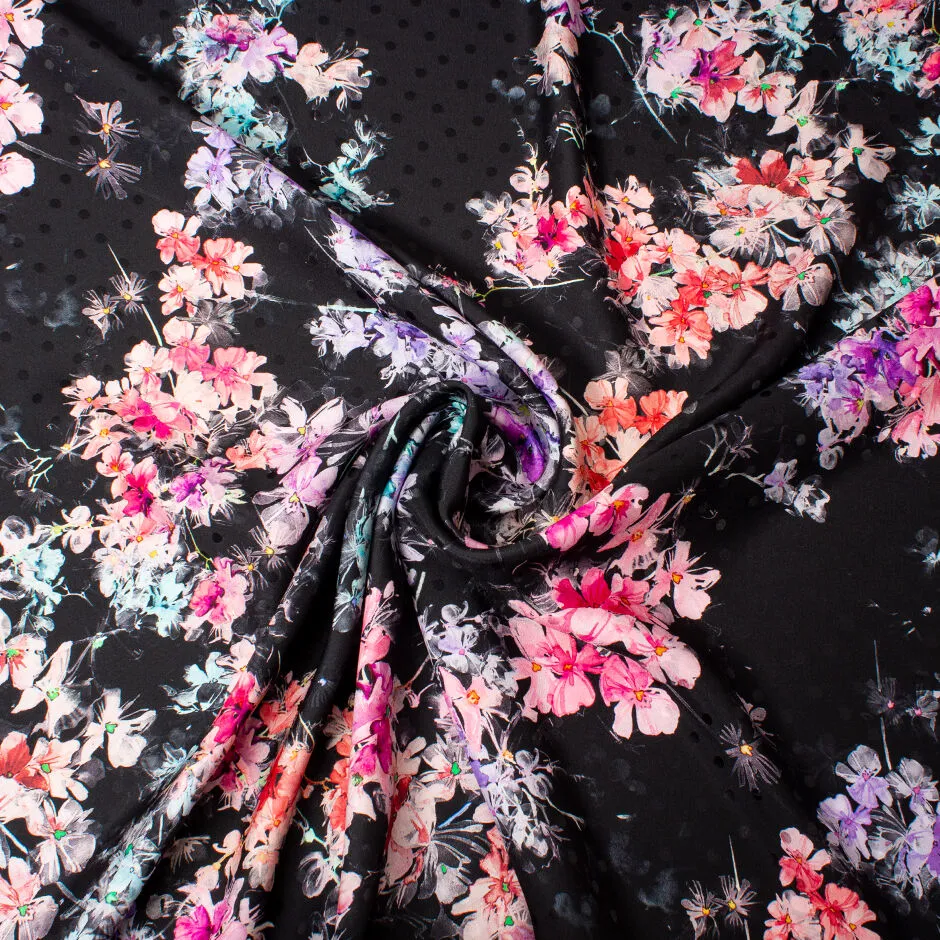 Dainty Pink & Purple Floral Printed Black Silk Jacquard