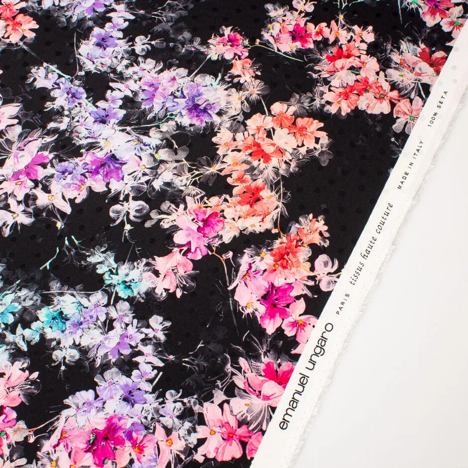 Dainty Pink & Purple Floral Printed Black Silk Jacquard
